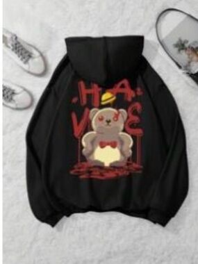 Women’s Black Hoodie with Teddy Bear Graphic